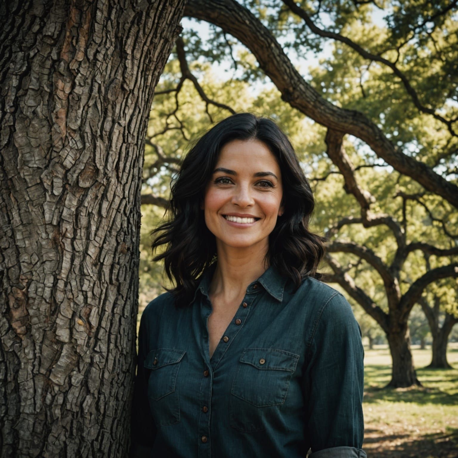 Smiling Woman by Oak Tree in Photorealistic Style