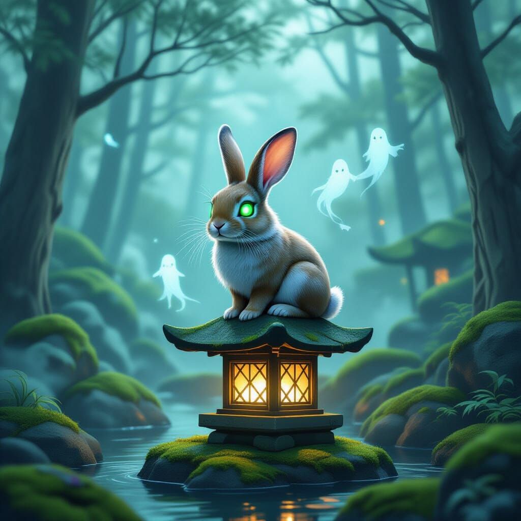 Mischievous Rabbit in Misty Japanese Garden with Ethereal Sp...