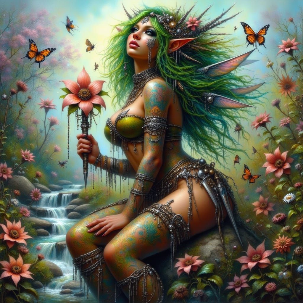 <lora:Fairy Punk:1.0> Black woman I'm your Venus, I'm your fire, I'm your desire.
Low-angle view aimed upwards at a curv...