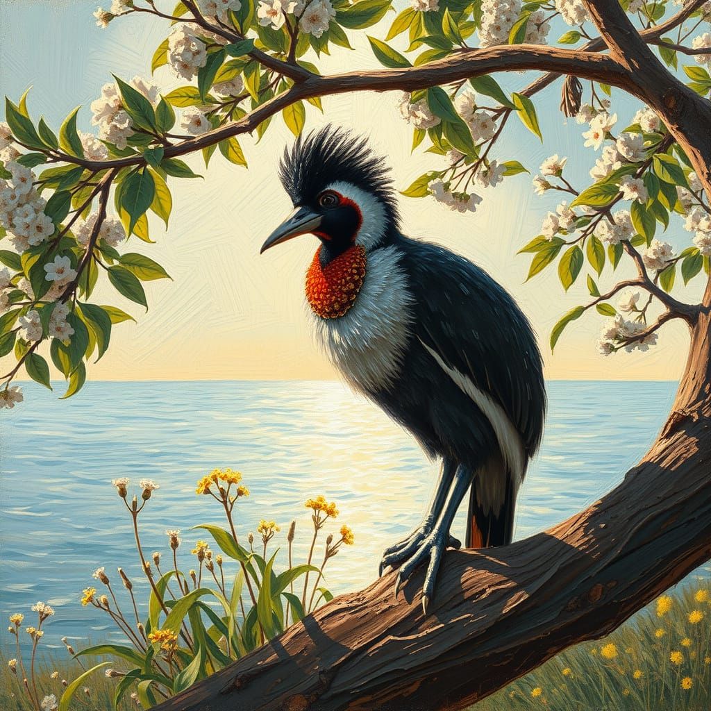 Cockatoo in Tree by Sea, Impressionist Style