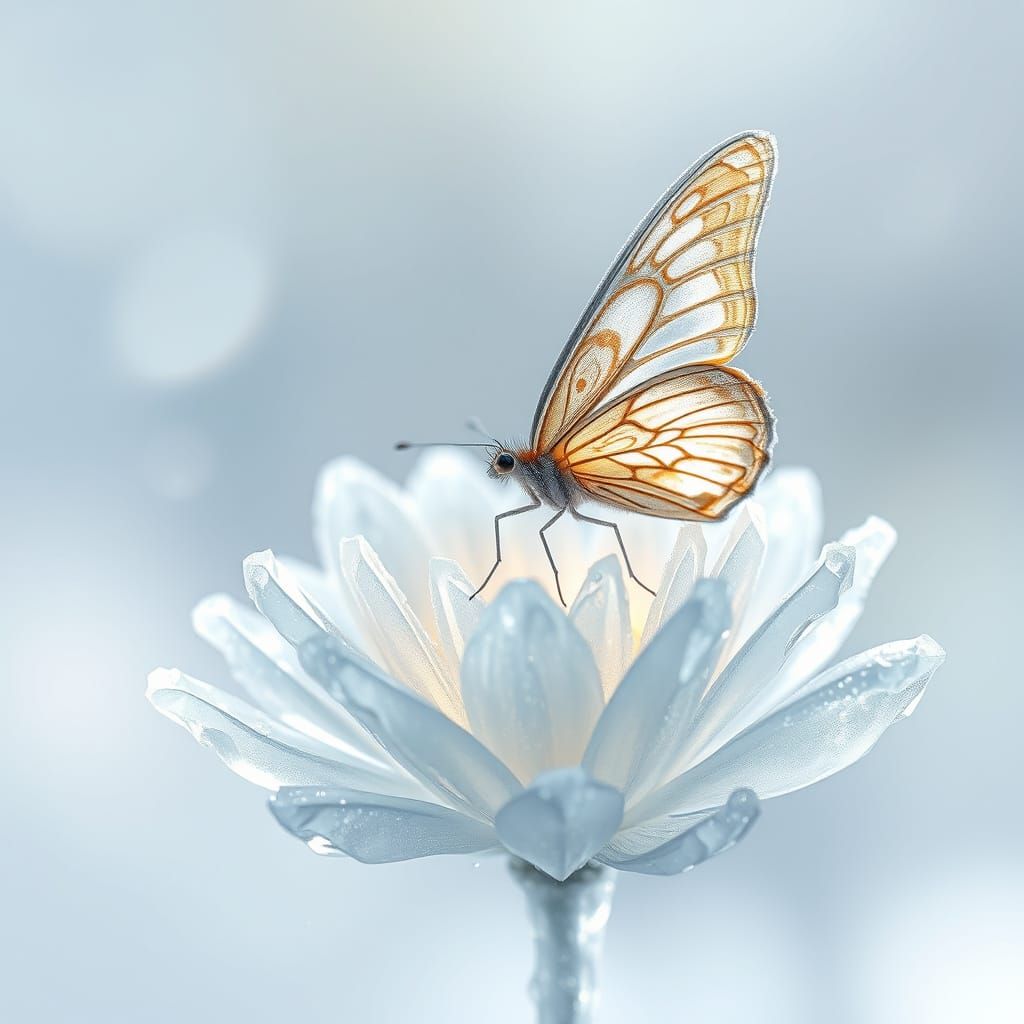 Ethereal Winter Scene: Frozen Butterfly and Crystal Flower