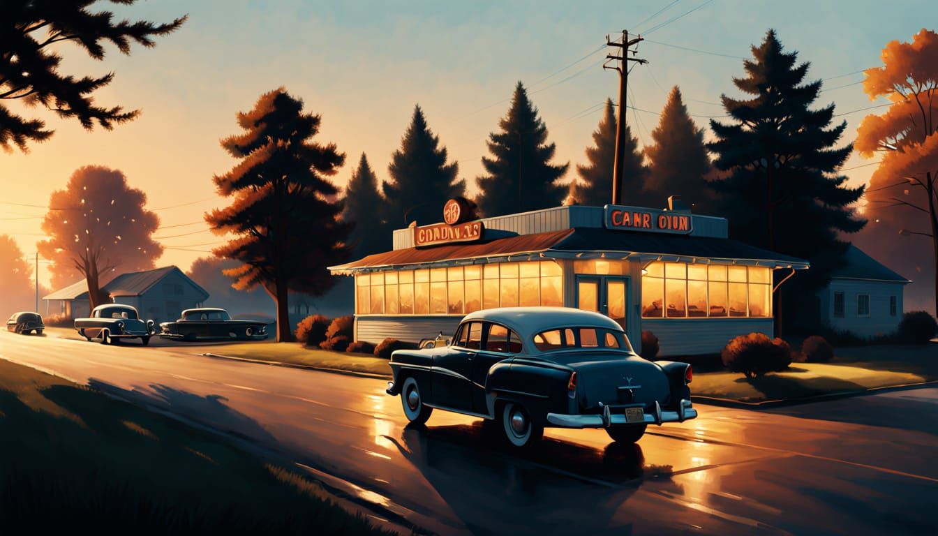 Classic American Diner Scene in Warm Sunset Glow