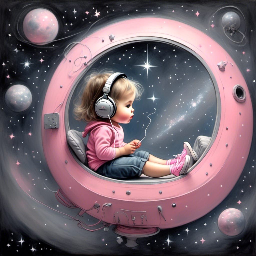 Toddler Girl in Spaceship Gazing at Galaxy Sketch