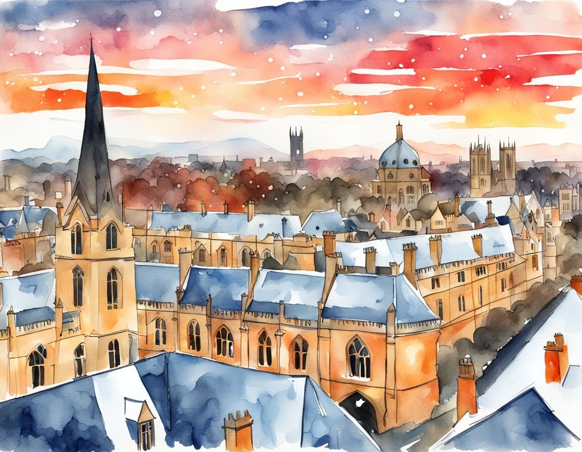 Oxford City Skyline: Winter Sunset Watercolor