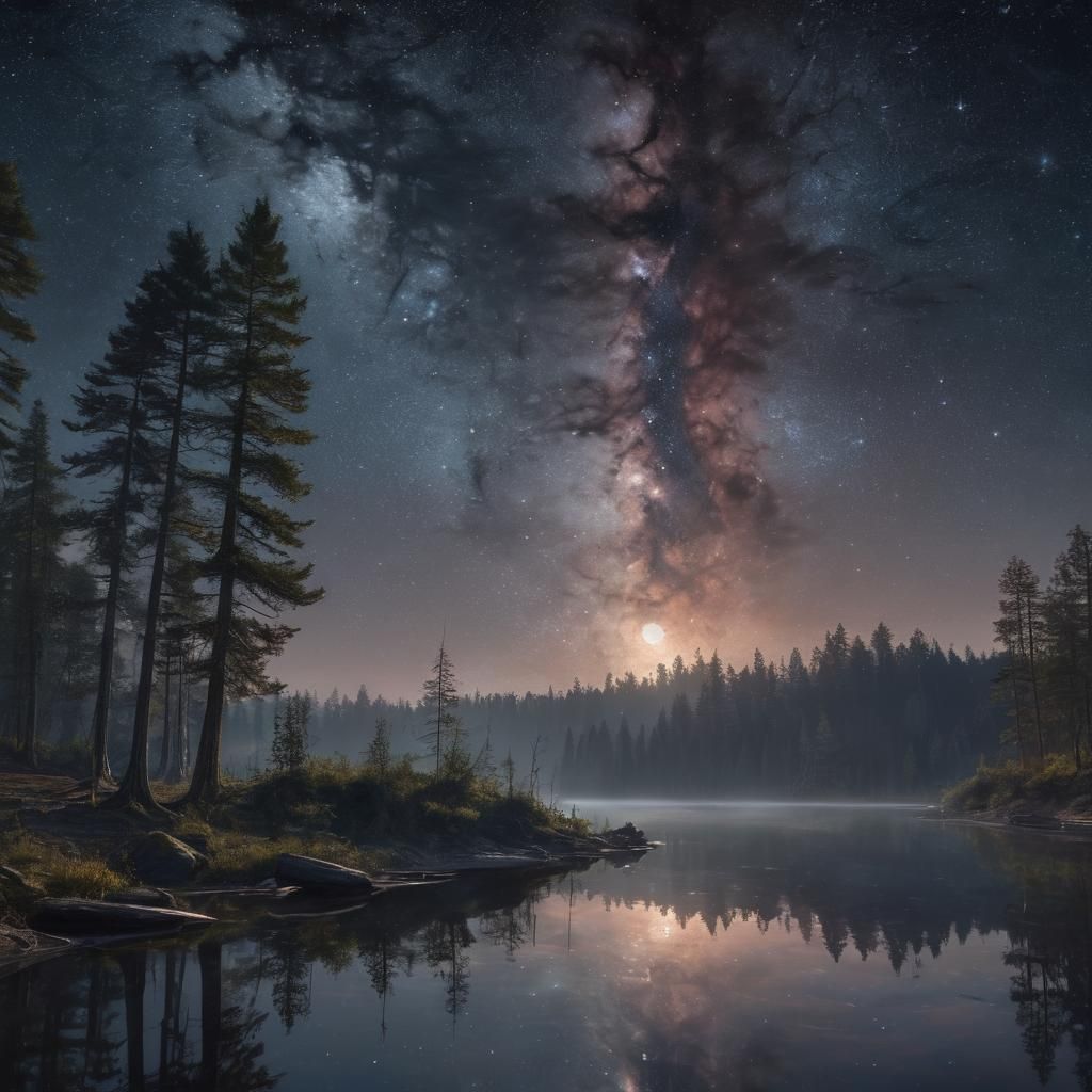 Starry Night Reflection Over Forest Lake