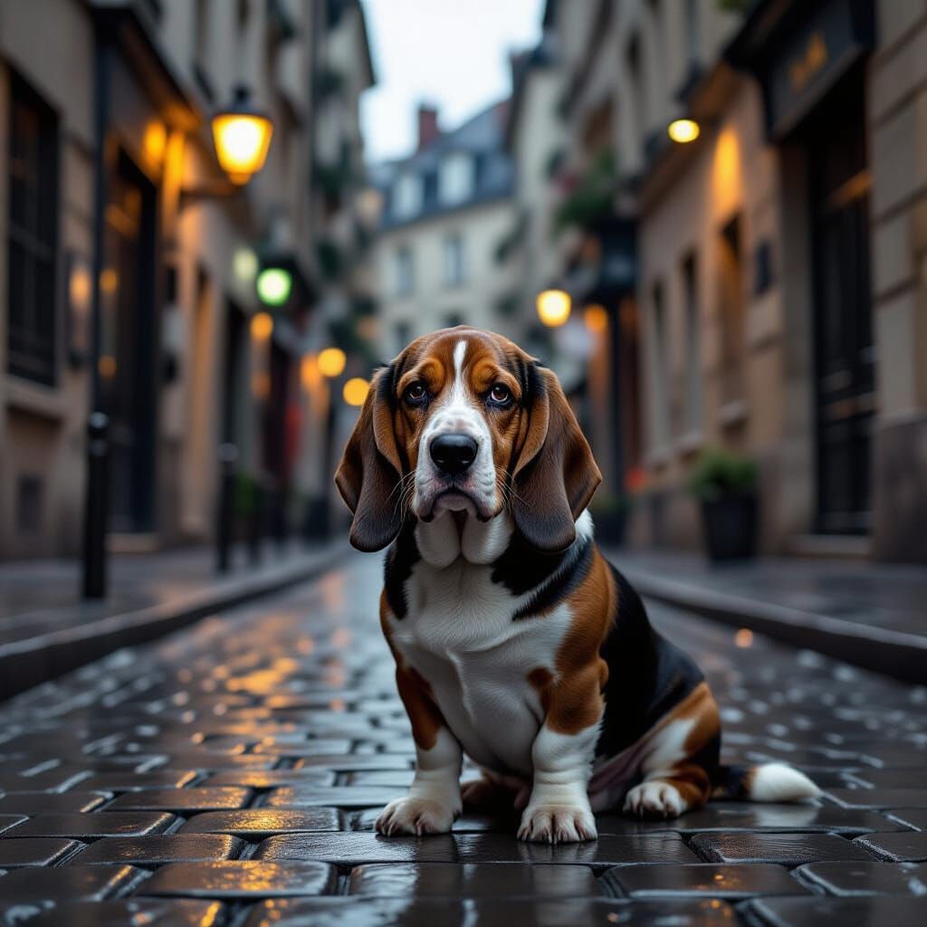 Melancholy Basset Hound in Rainy Parisian Alleyway
