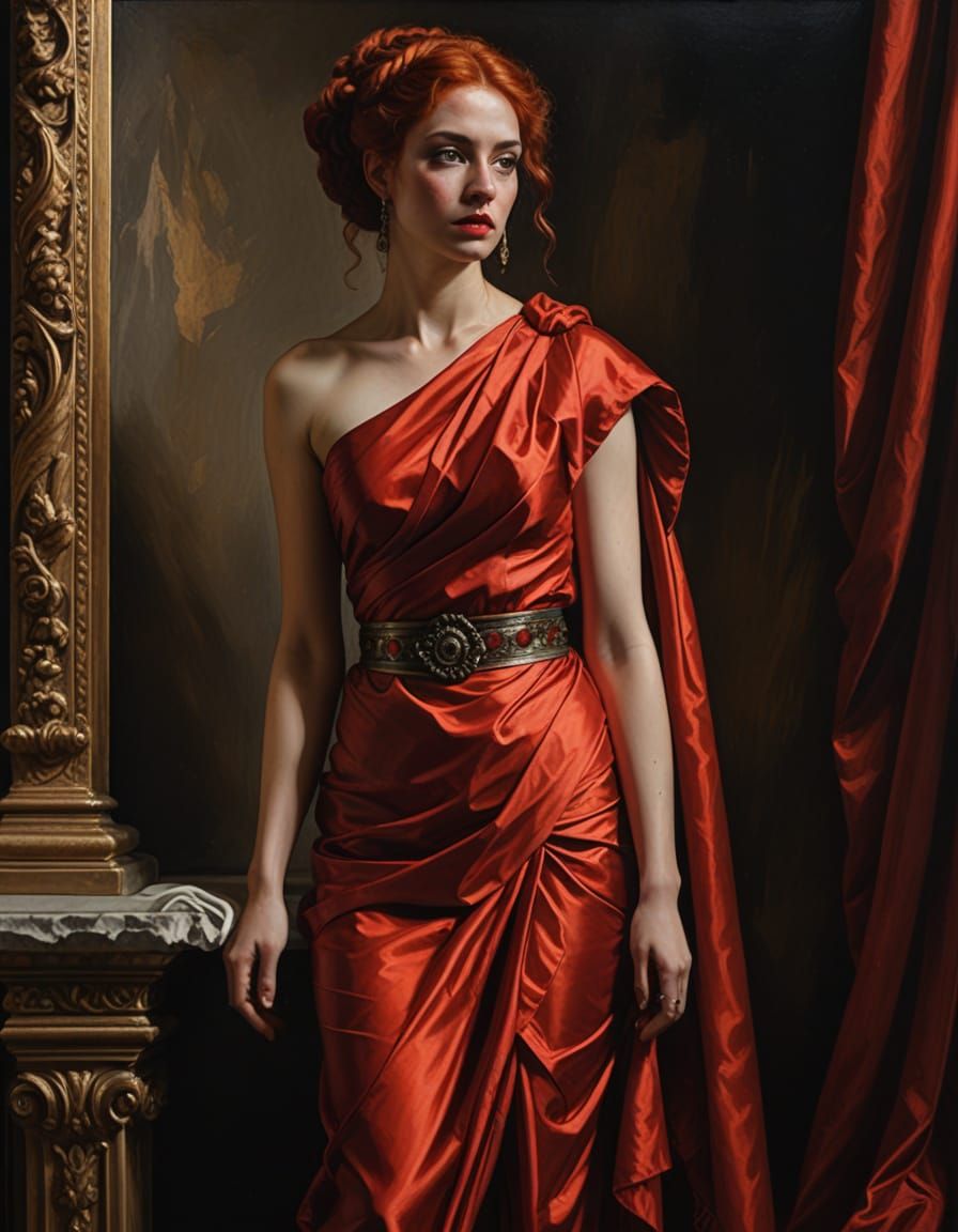 Baroque Portrait of Young Woman in Red Toga Dress