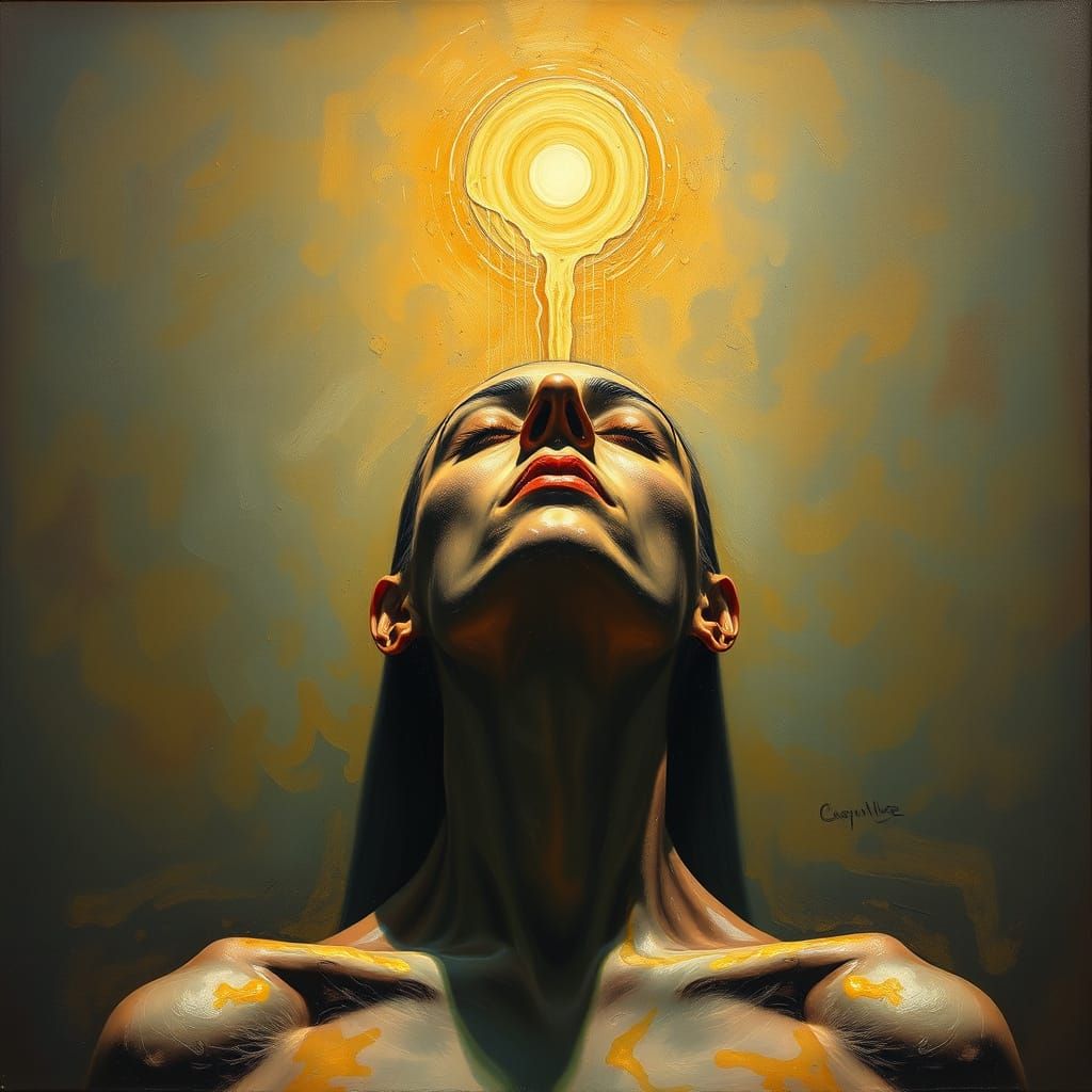 Surreal Self-Hypnosis Oil Painting with Golden Hour Light