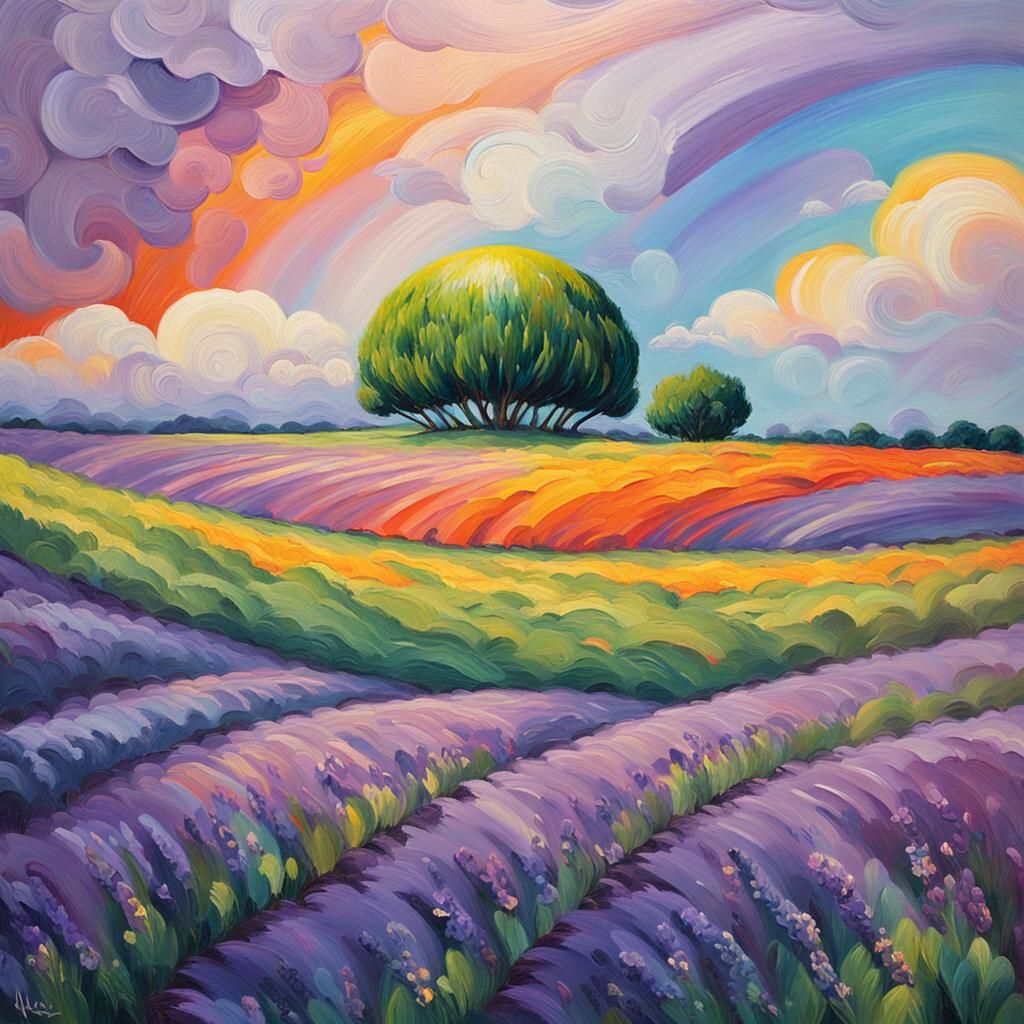 Lavender Field Under Rainbow Dome in Fauvist Style