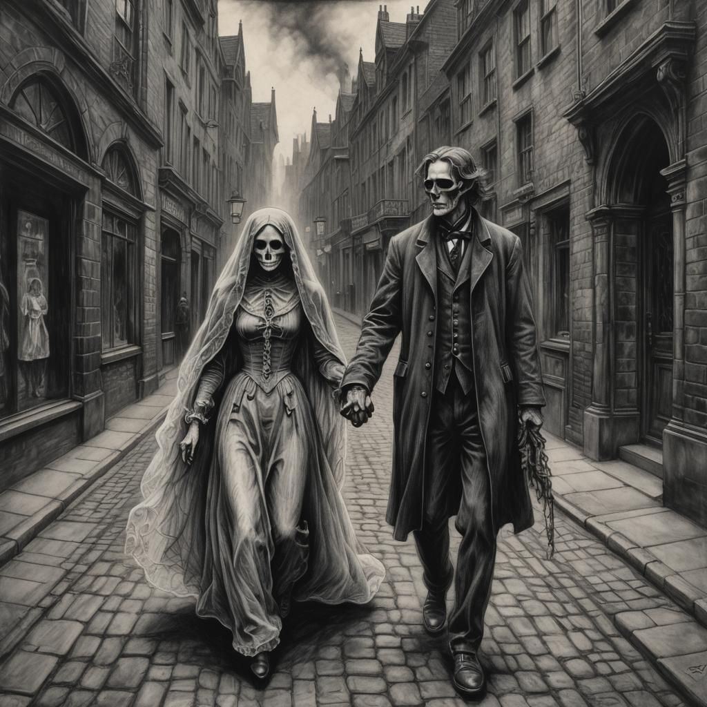 Gothic Charcoal Drawing: Man and Ghost in Victorian Era