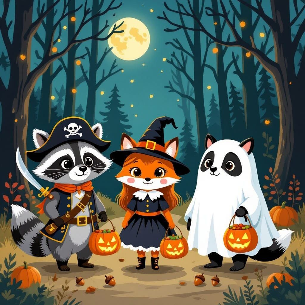 Forest Animals in Halloween Costumes, Children's Book Style