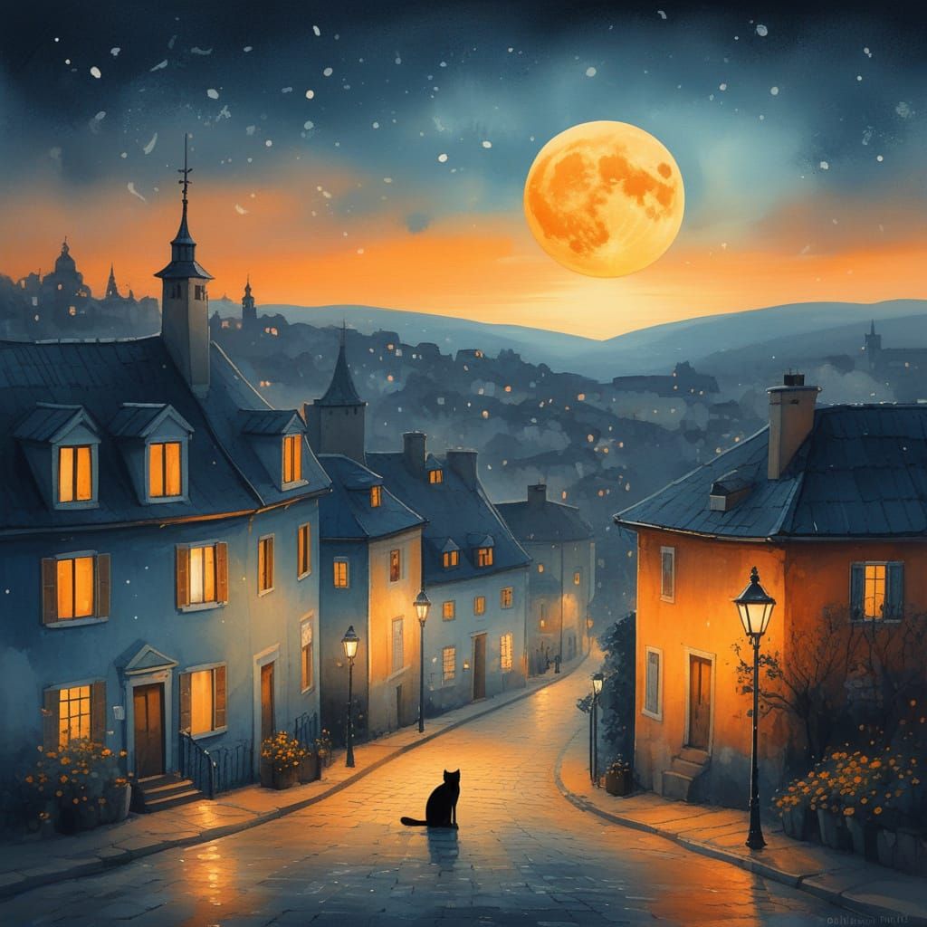 Magical European Street at Twilight with Golden Moon