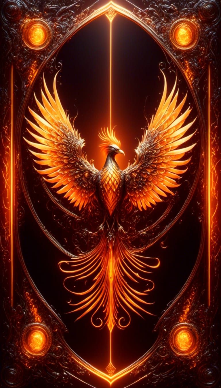 Symmetrical Orange and yellow Phoenix, against a red crystal background. Body in frame 8K resolution <lora:Glowing Runes...