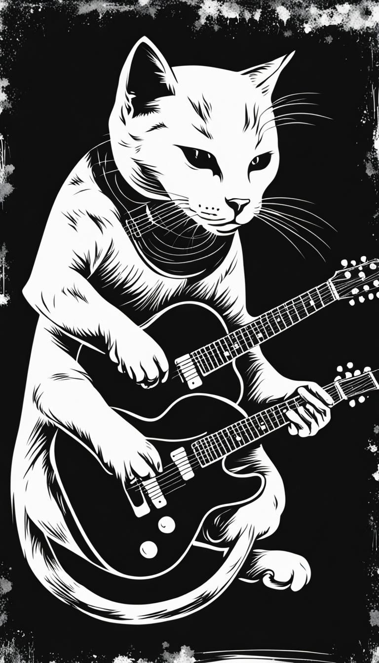 Grunge Style Cat Playing Guitar Illustration