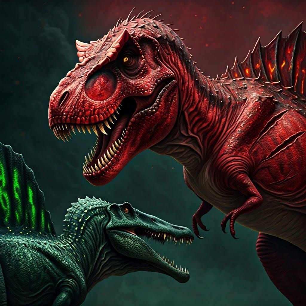 Scarlet T-Rex Faces Spinosaurus in Bioluminescent Battle