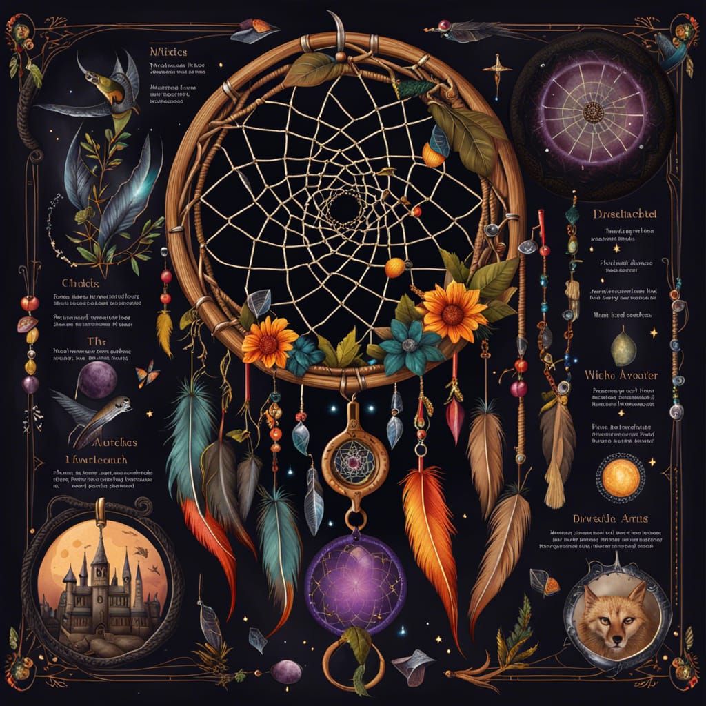 Ornate Dreamcatcher with Magical Witch Tools Illustration