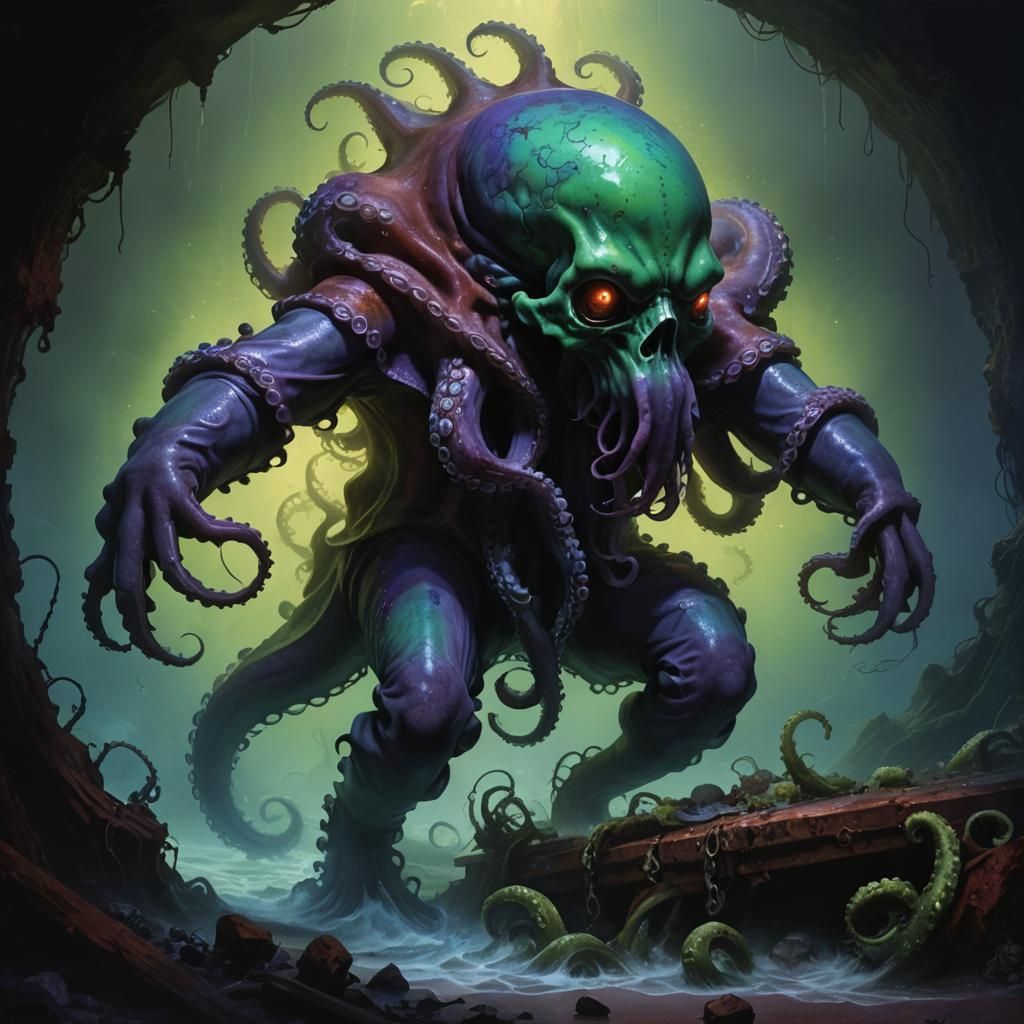 Octopus God Emerges from Rusted Room, Hyperdetailed Illustra...