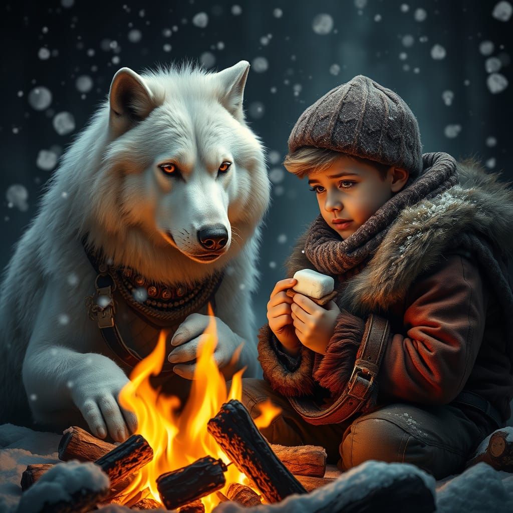 Boy Toasts S'mores with Dire Wolf by Campfire in Winter Wond...