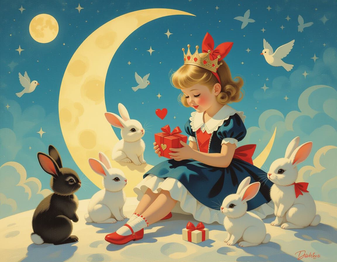 Queen of Hearts on the Moon with Bunnies