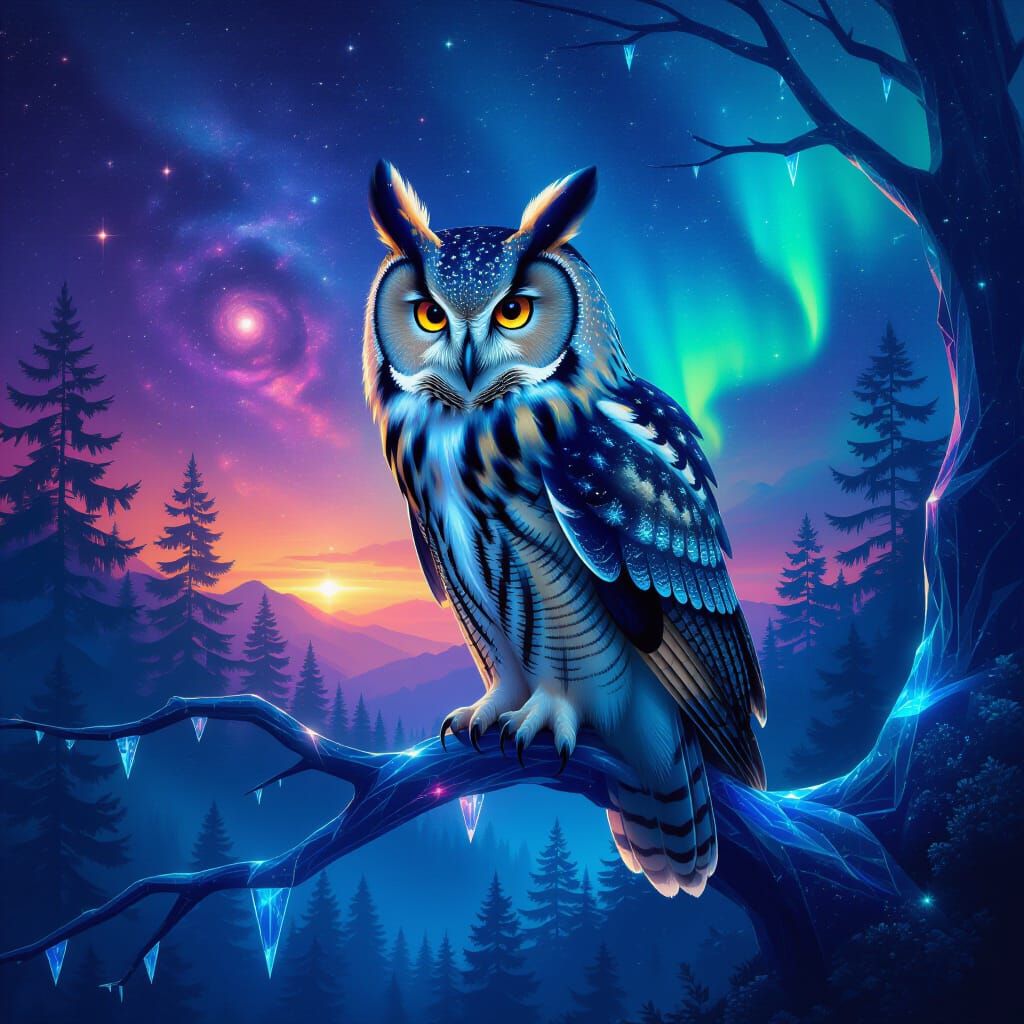 Cosmic Owl on Crystal Branch in Bioluminescent Forest