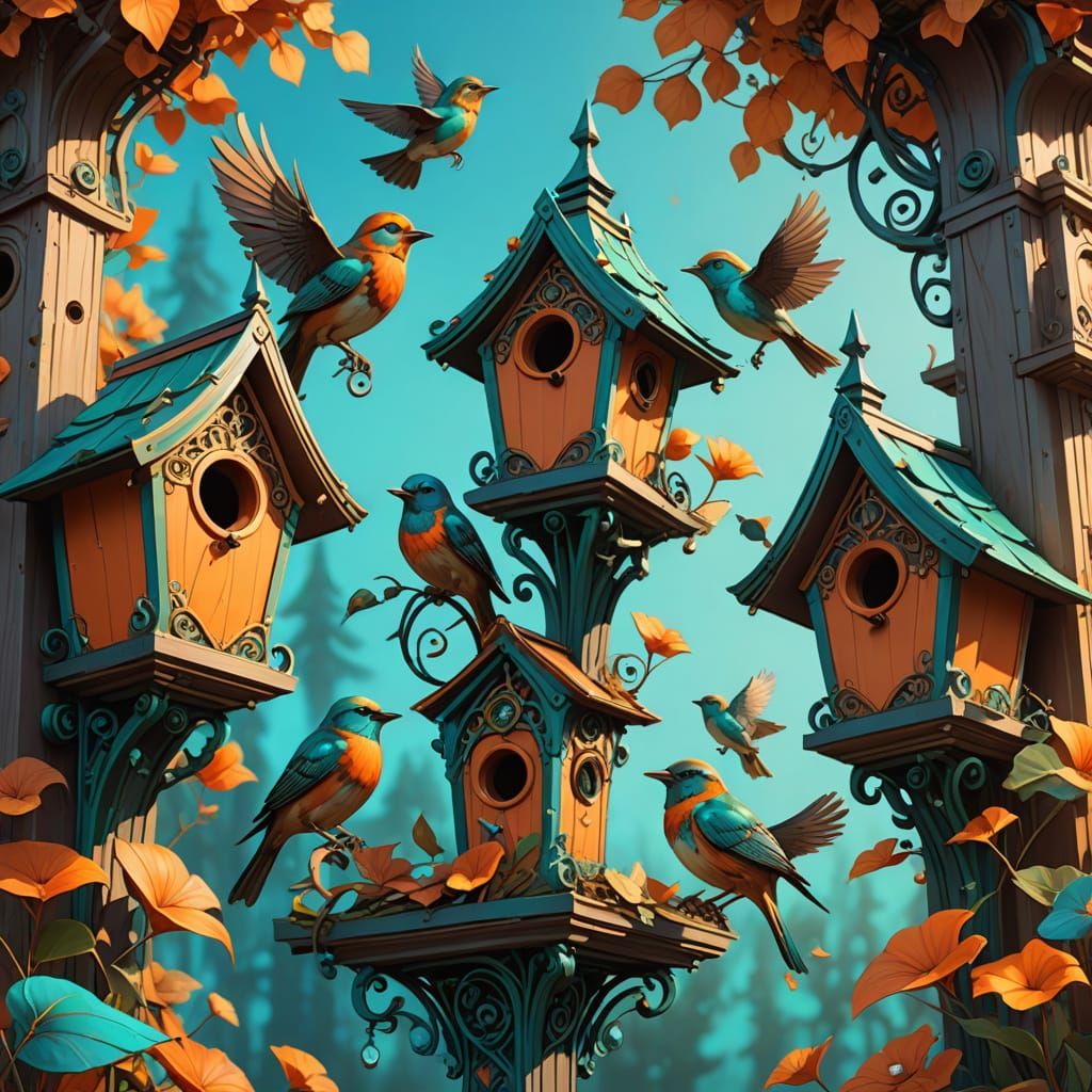 Art Nouveau Birdhouses with Birds in 8K