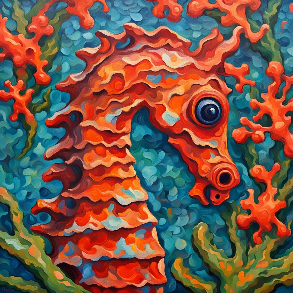 Camouflaged Seahorse: Neo-Impressionist Oil Painting