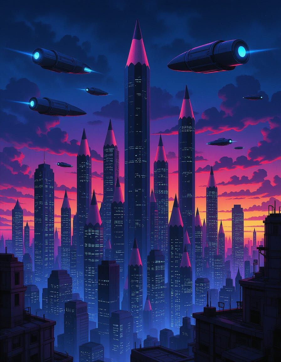 Surreal Pencil Cityscape at Dusk