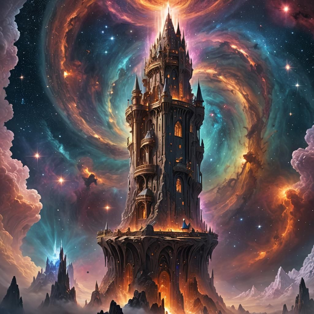 Wizard's Tower in Crystal Over Cosmic Vortex