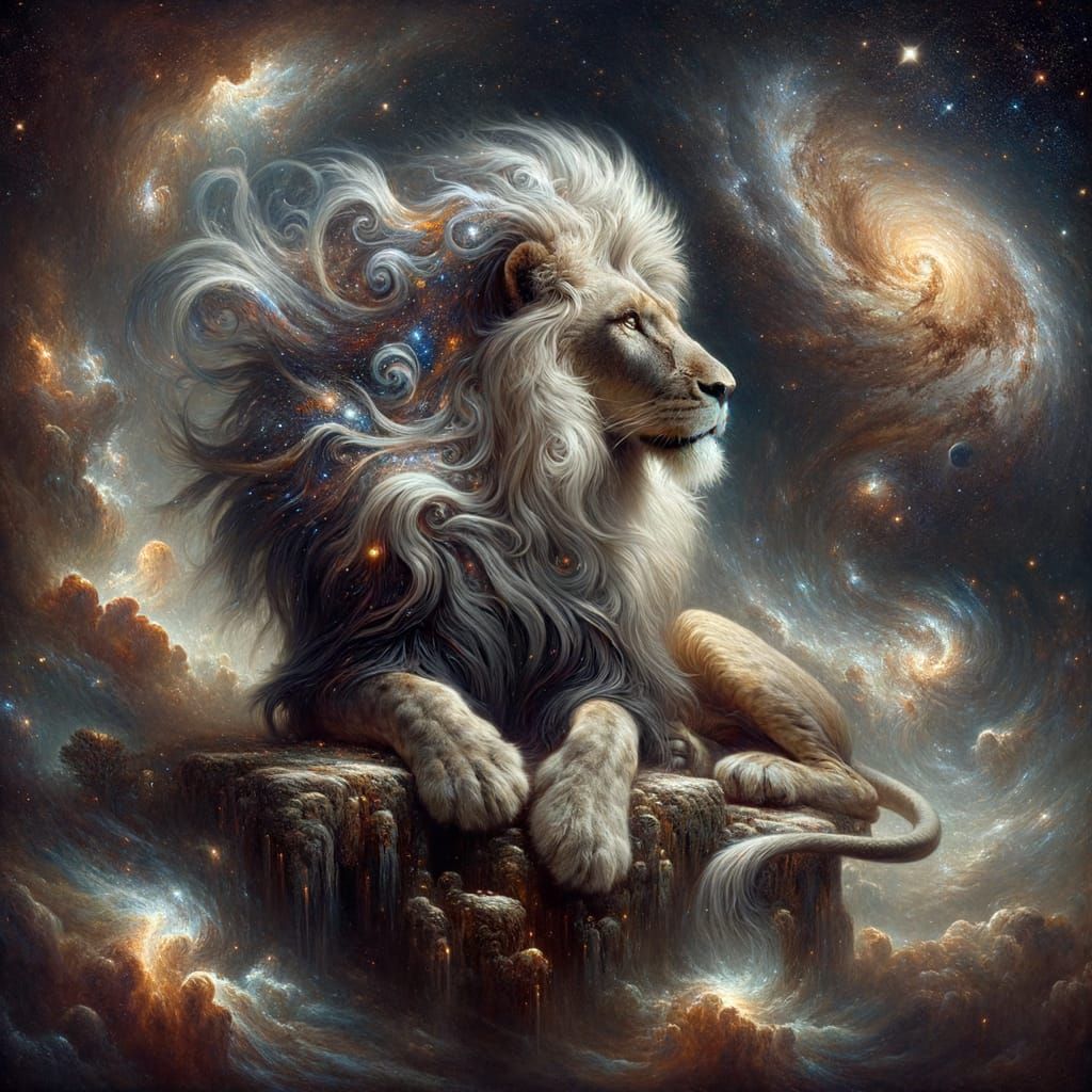 Cosmic Lion Overlooking Nebula in Art Nouveau Style