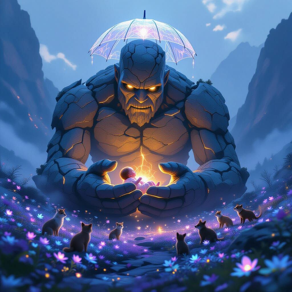 Stone Golem Cradling Baby in Iridescent Valley