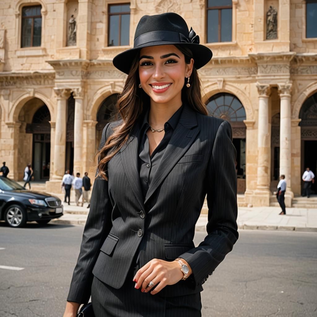 Young Businesswoman in Pinstripe Suit and Paisley Tie