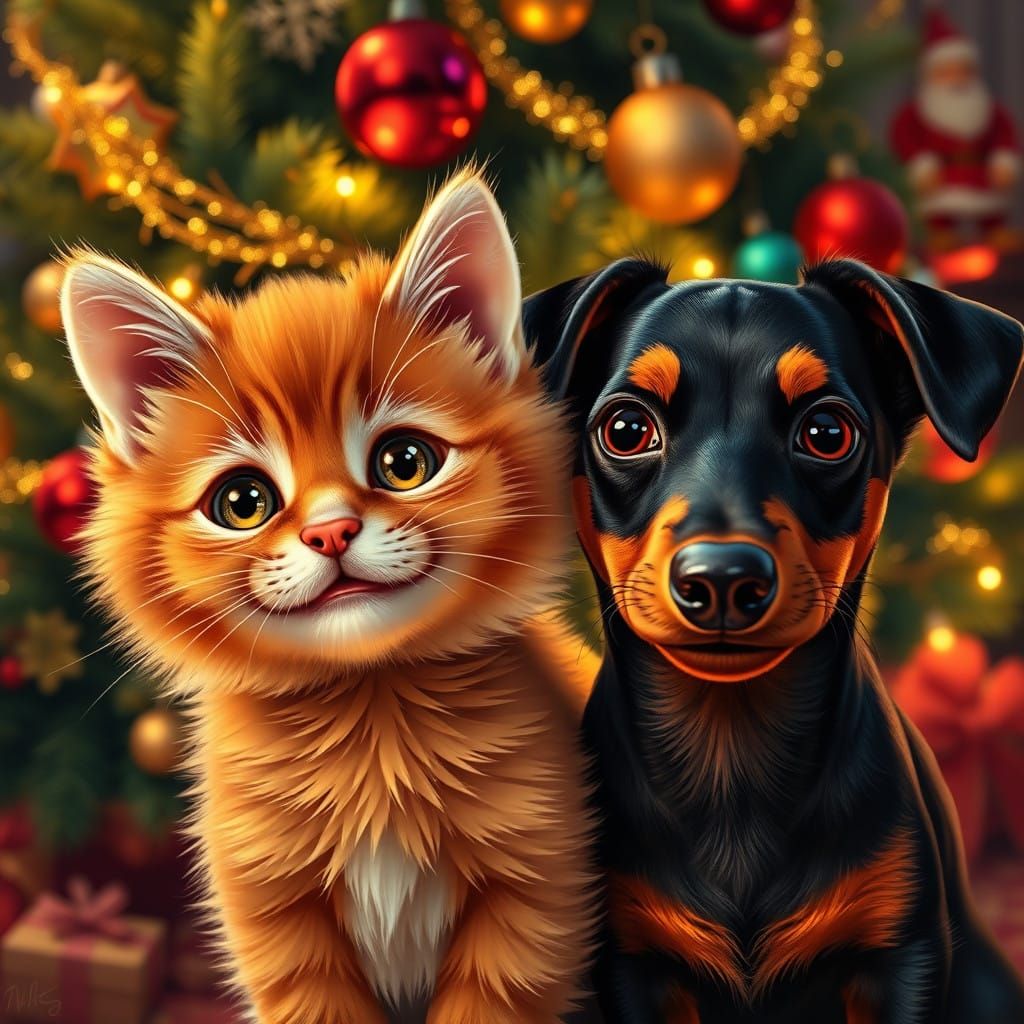 Joyful Feline and Canine Friends Gaze at Christmas Tree
