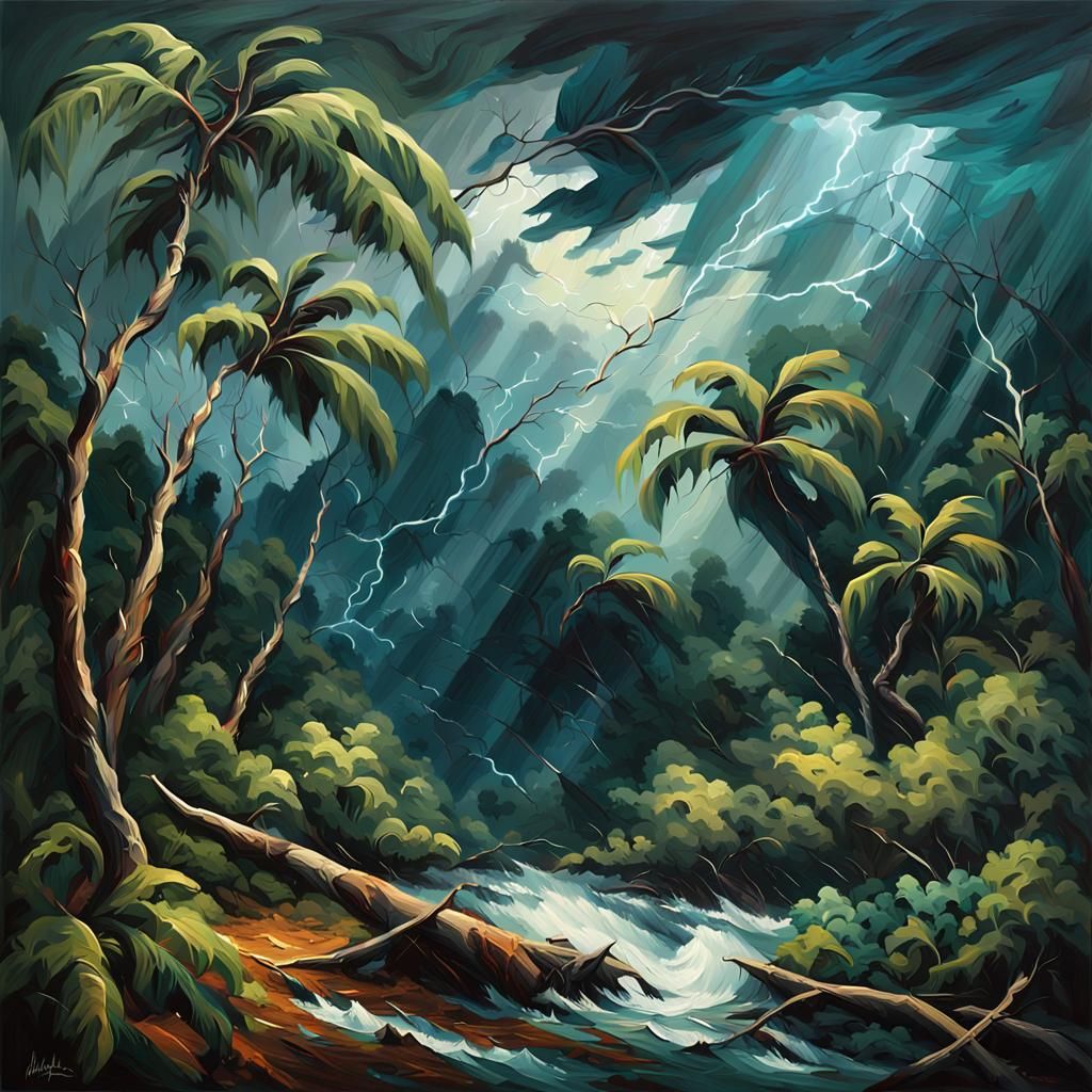 Tempest in a Jungle: Dramatic Oil Painting