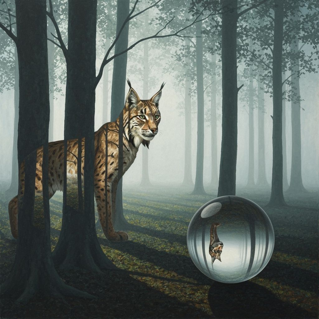 Surreal Misty Forest Landscape with Hidden Lynx