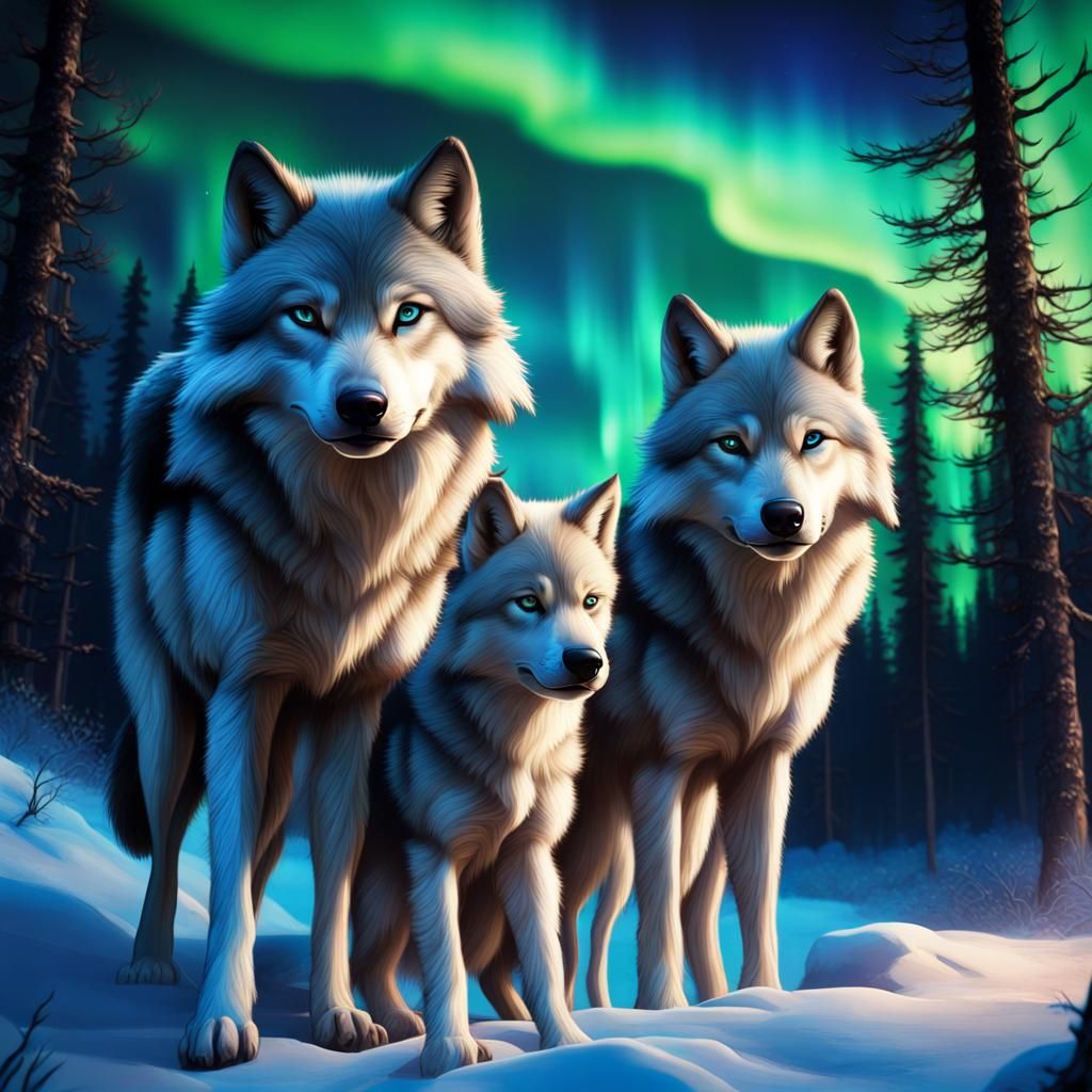 Wolf and Pups Under Northern Lights