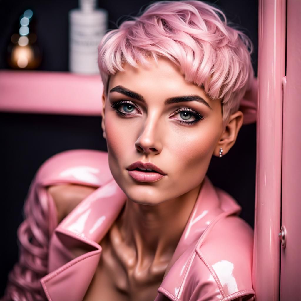 Modern Blond Pixie Girl in Pink Bathroom, Fairytale Style