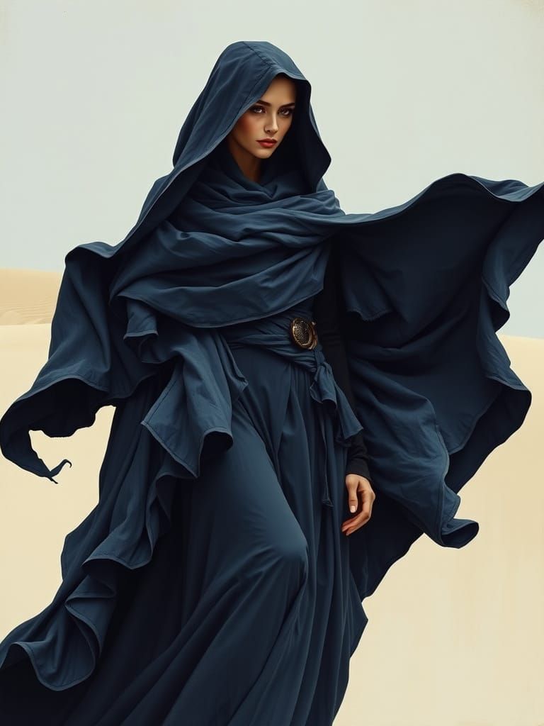 Ethereal Sorceress Against a Serene Sandy Landscape