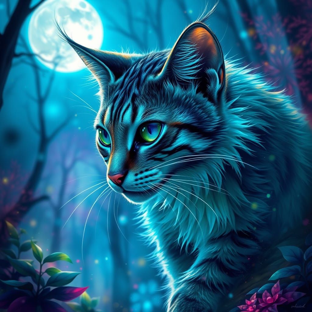 Mystical Cat Prowling Moonlit Forest in Luminous Colors