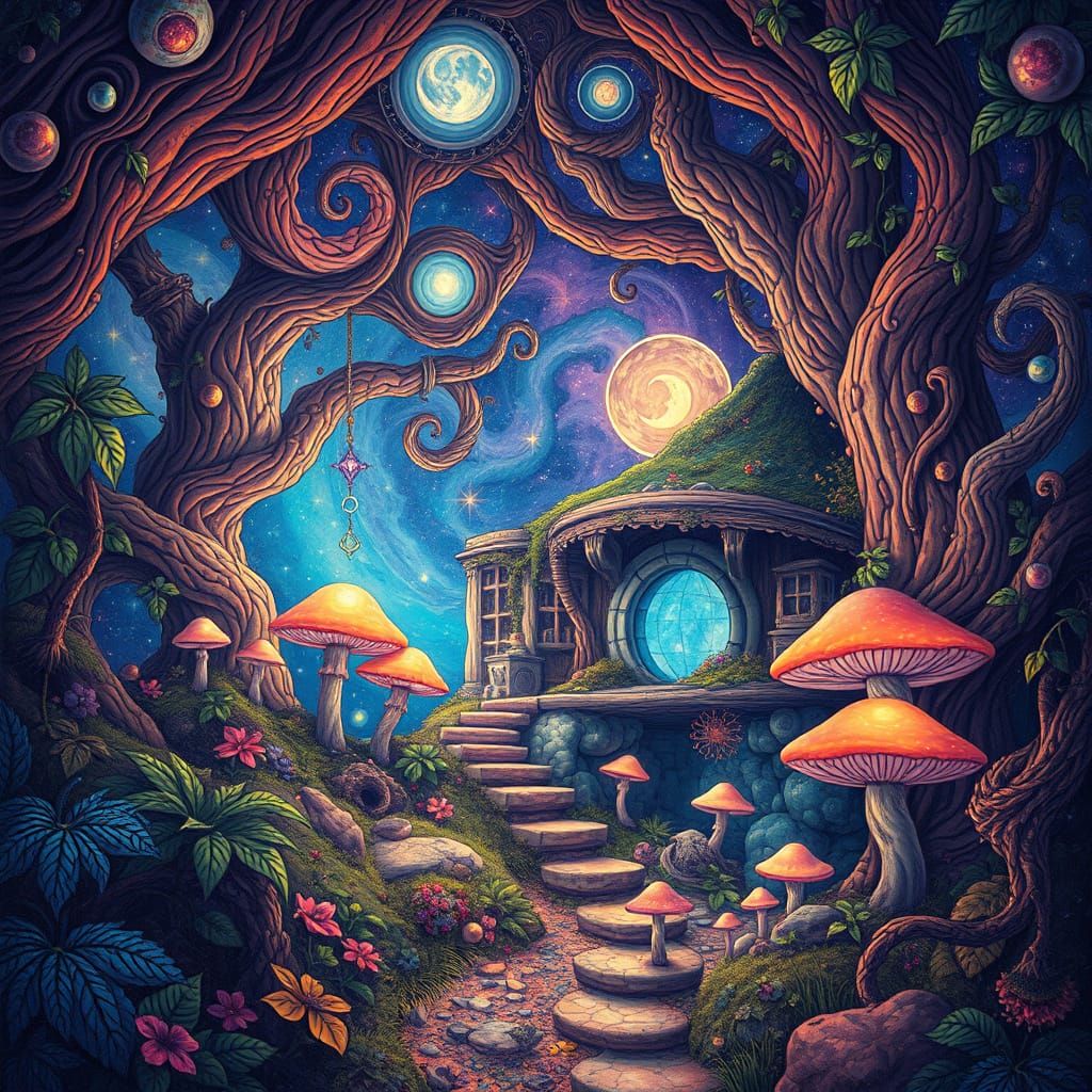 Cosmic Hobbit Haven in Vibrant Holographic Splendor