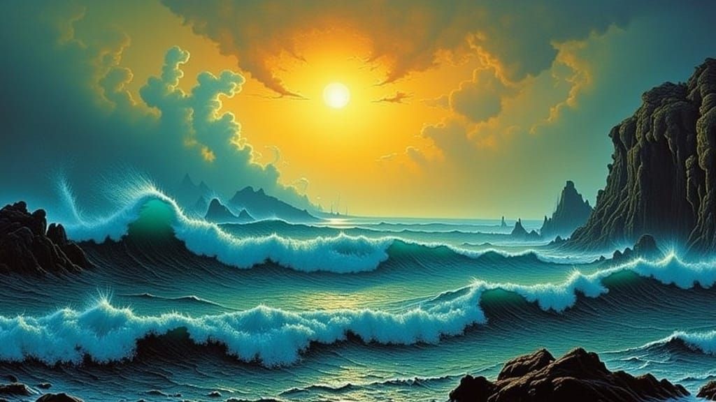 Majestic Seascape at Sunset in Romantic Style
