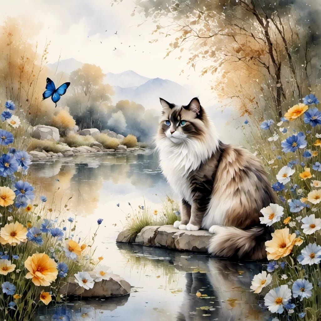 Ragdoll Cat in Zen Garden with Large Eyes