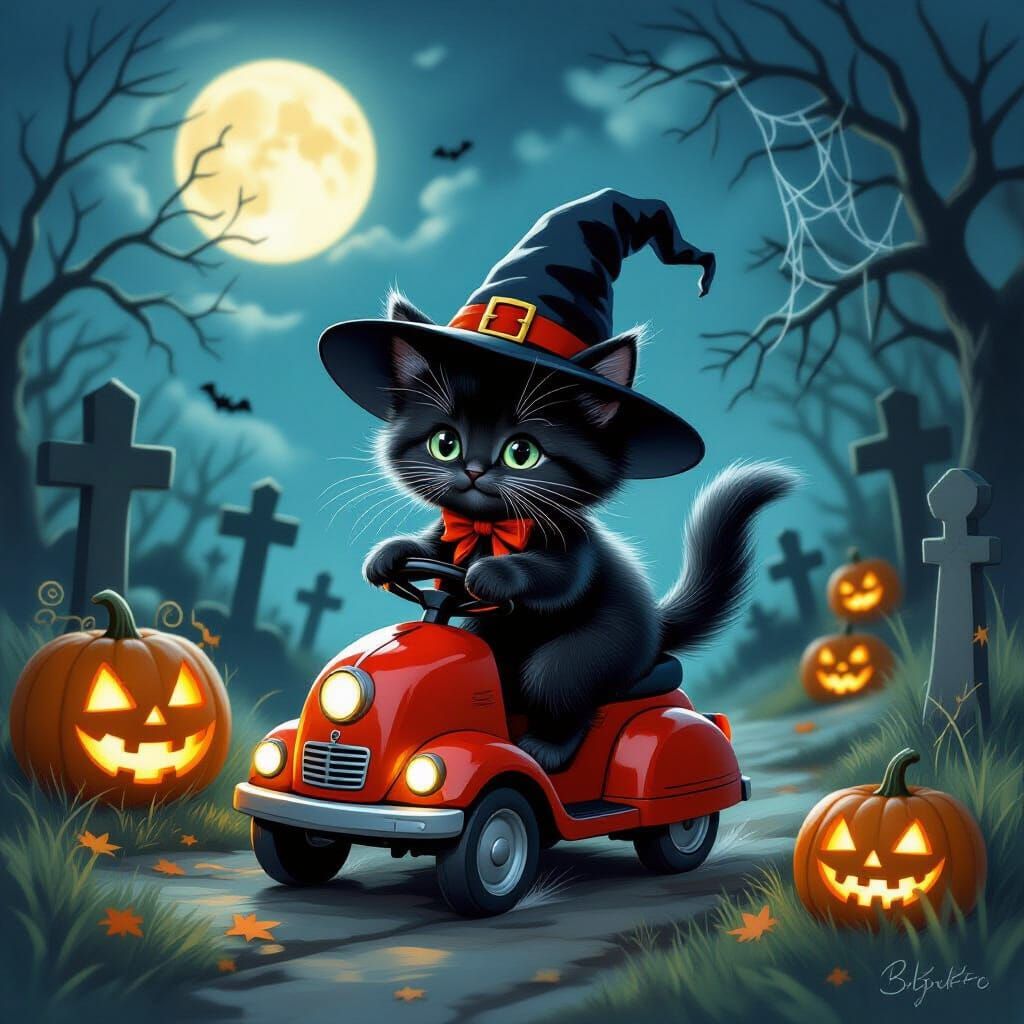 Halloween Kitten Rides Vacuum Through Moonlit Graveyard