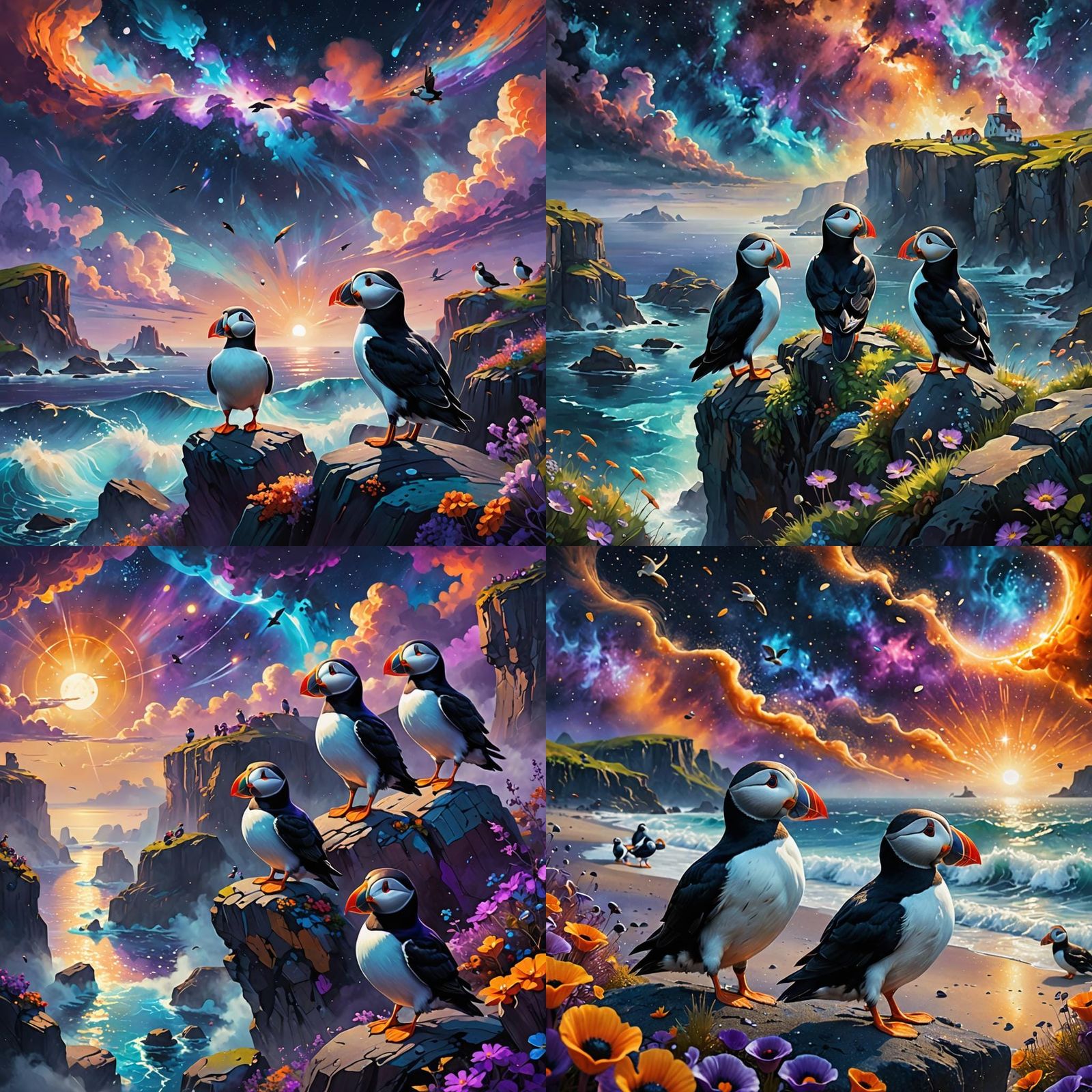 Puffins Soaring Over Nebula Sea: Digital Art