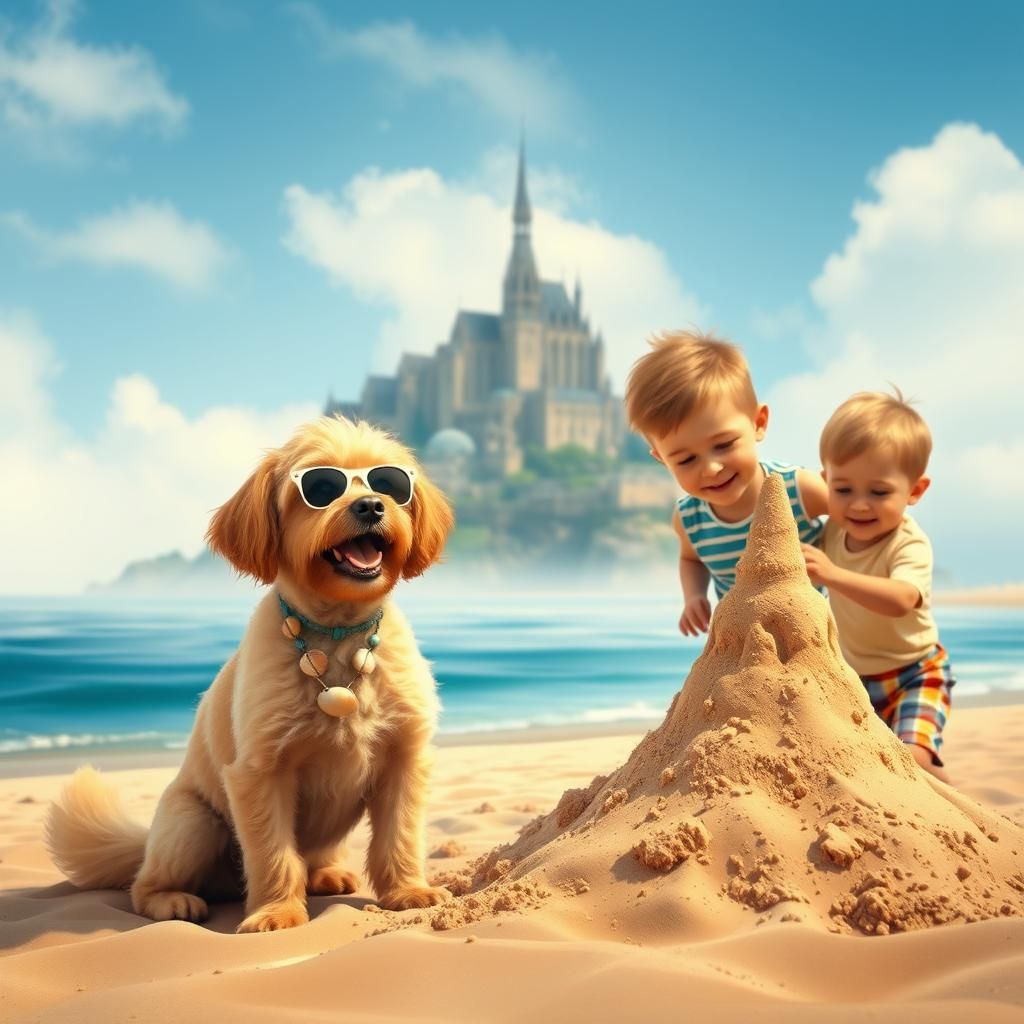 Dog Helps Boys Build Sandcastle at Mont-Saint-Michel