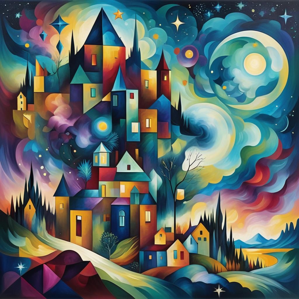 Surreal Cubist Dreamscape in Jewel Tones