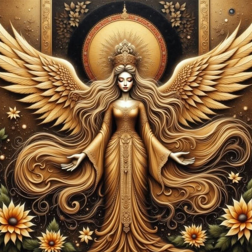 The golden statue of Kannon, the goddess of mercy, in Sanjusangendo Temple, Kyoto, Japan <lora:Angelic Flux:1.0>