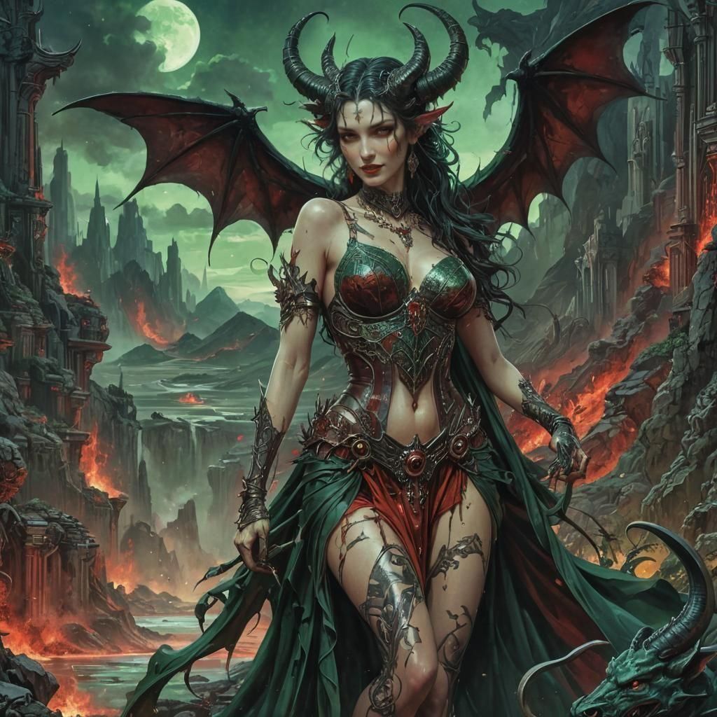 Seductive Demon in Hellish Landscape, Art Deco Style