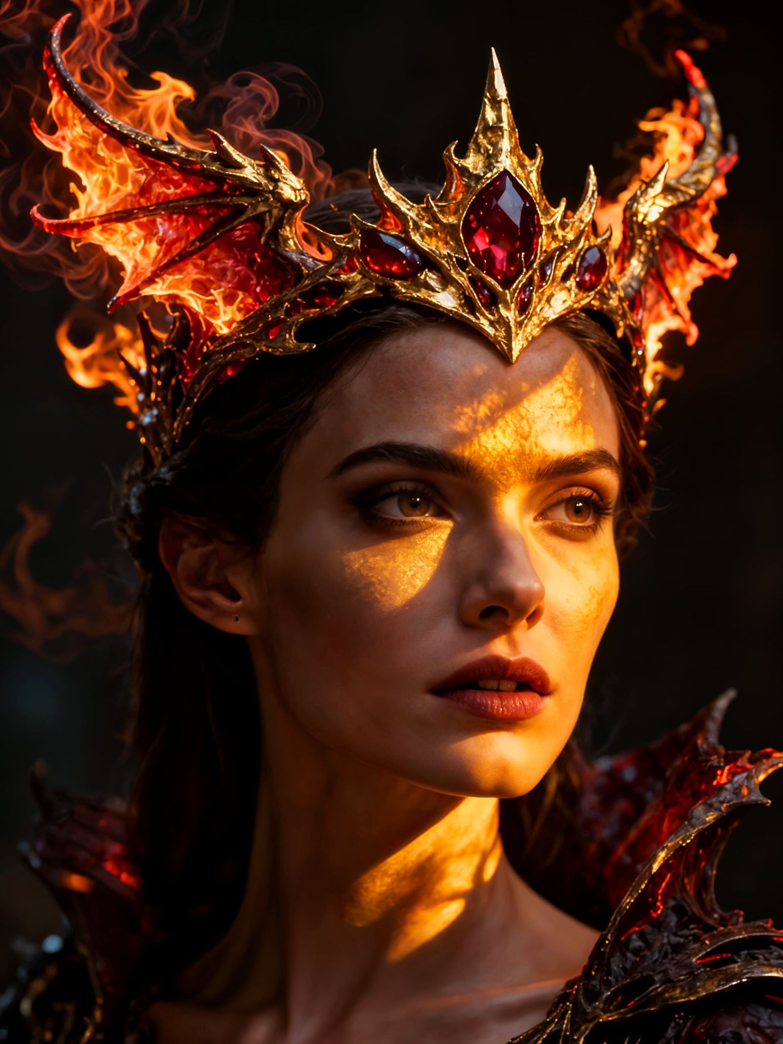 Regal Queen with Dragon Wing Tiara, Dark Fantasy Portrait