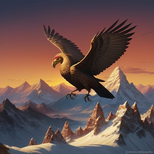 Griffin Soaring Over Mountains in Bierstadt Style