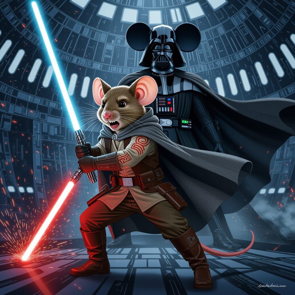 Mouse Hero vs Darth Vader: Epic Sci-Fi Poster Art